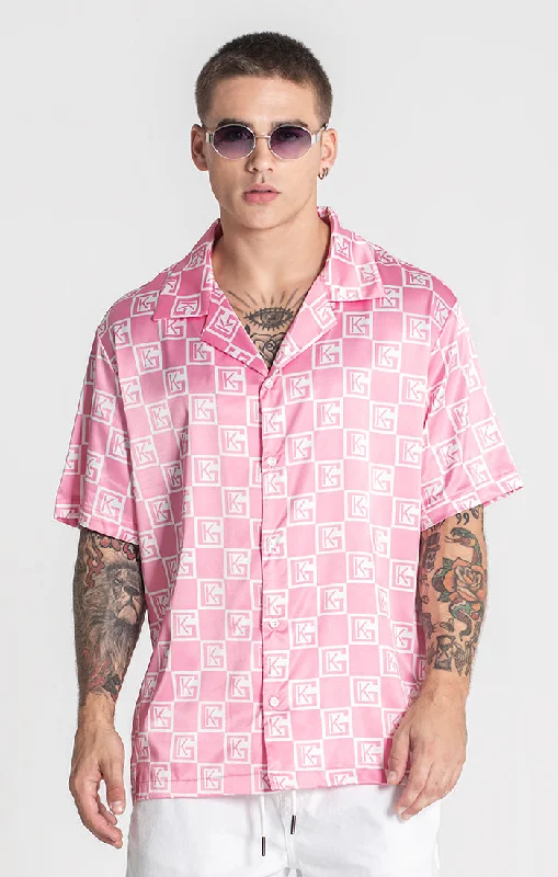 designer men's formal shirts with spread collarPink Checkers Satin Shirt