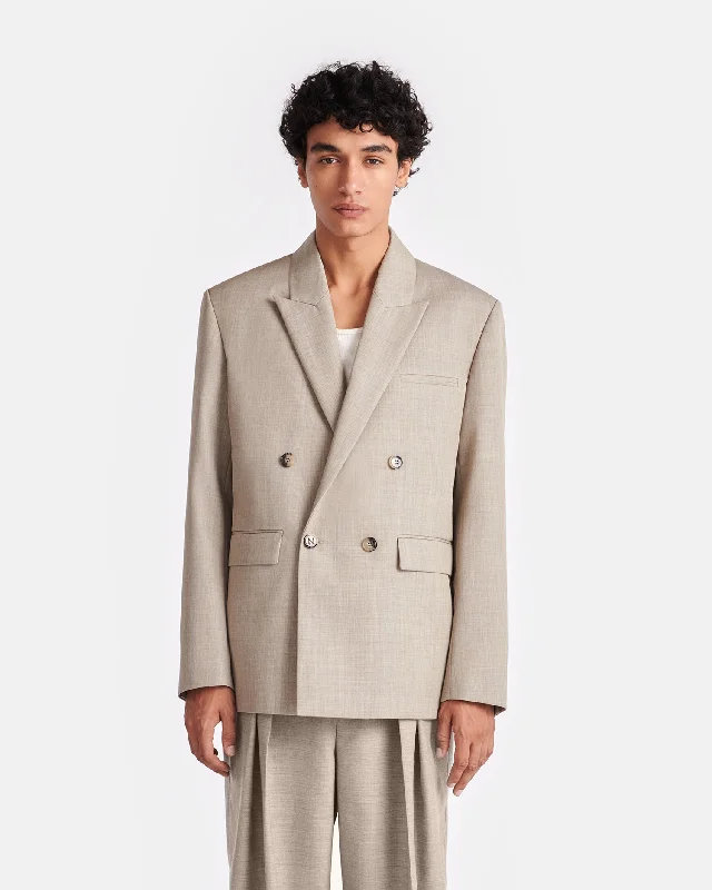 men's tailored wool coat with beltOlivier - Double Breasted Twill Suiting Blazer - Taupe