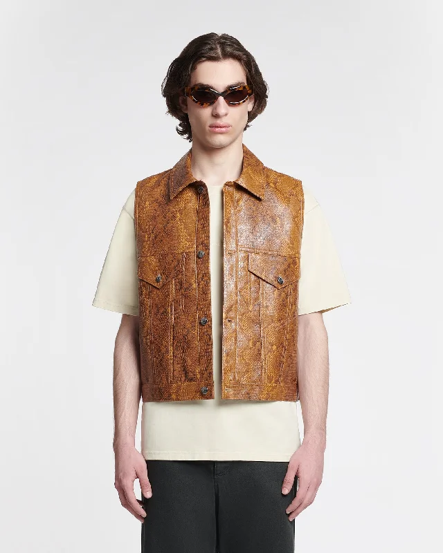 men's padded puffer vestEgil - Faux Snake-Embossed Leather Vest - Cashew