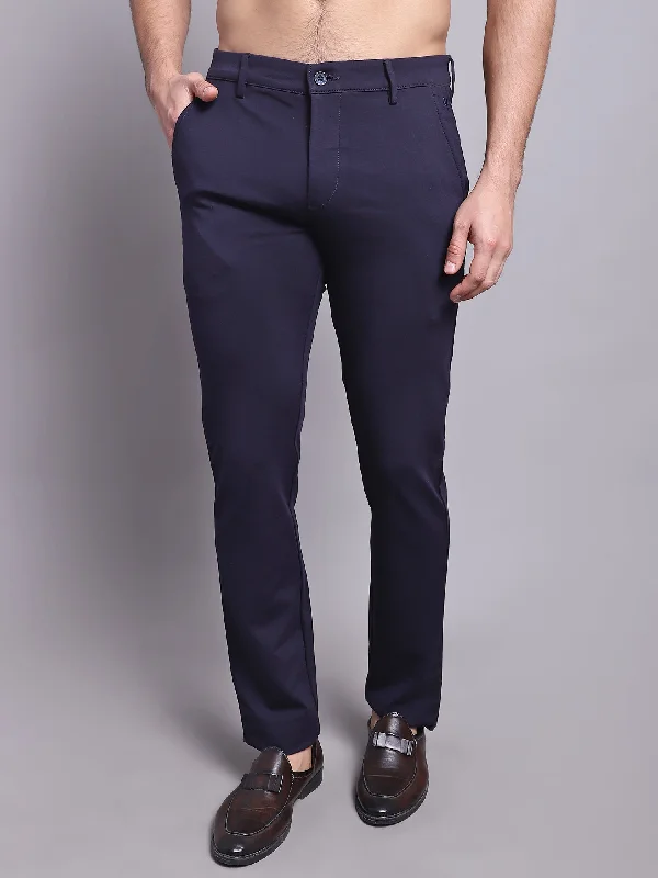 Men's stretch twill pants for comfortMen's Casual Flat front Navy Blue  Trousers