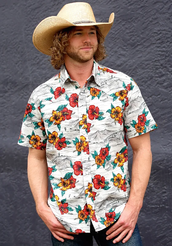 men's lightweight breathable running shirtMENS SHORT SLEEVE SNAP LANDSCAPE TROPICAL WESTERN SHIRT