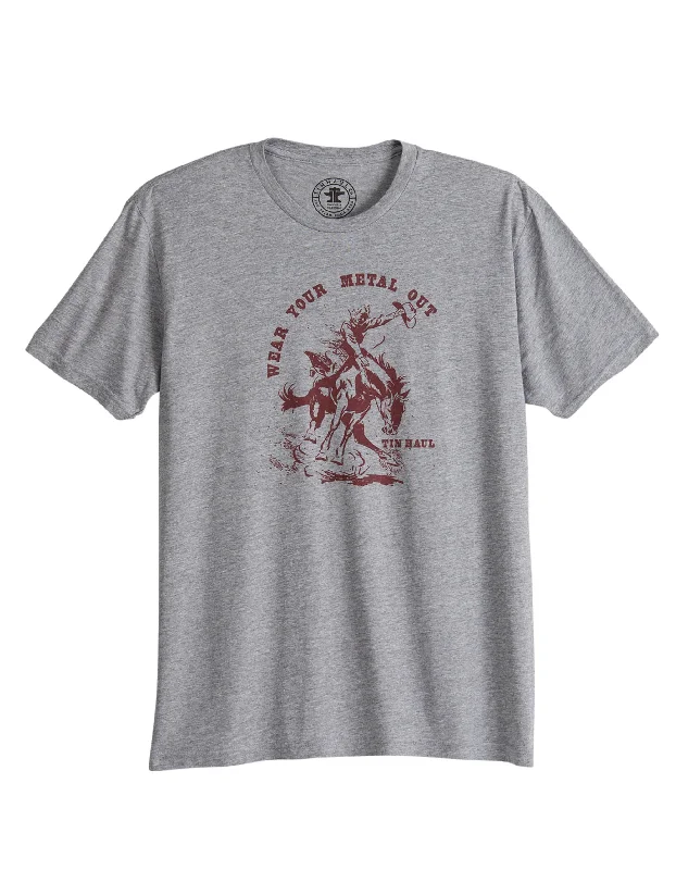 men's moisture-wicking tee with mesh back panelUNISEX SHORT SLEEVE WEAR YOUR METAL OUT BRONC RIDER T SHIRT WITH TRIBLEND PREMIUM HEATHER GREY