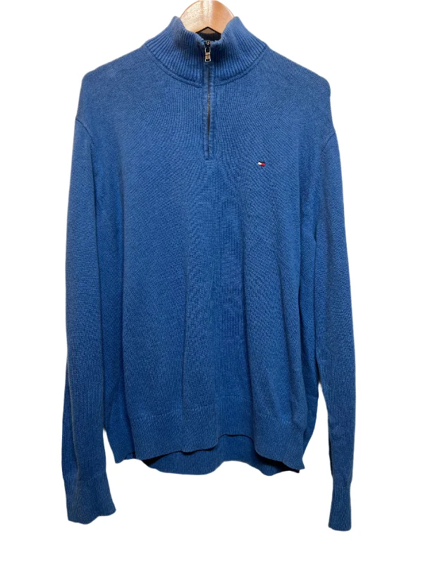 men's crewneck sweater with ribbed cuffs and hemTommy Hilfiger Mens Blue Quarter Zip (Size XL)