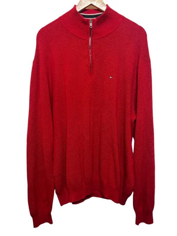 men's fleece-lined hoodie with kangaroo pocketTommy Hilfiger Mens Red Quarter Zip (Size XL)