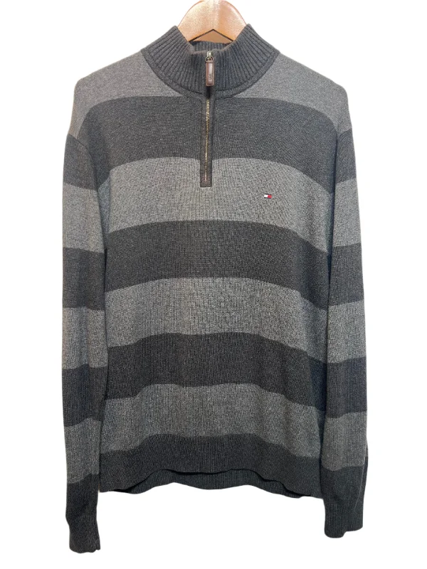 men's flannel shirt with patch pocketsTommy Hilfiger Striped Grey Mens Quarter Zip (Size M)