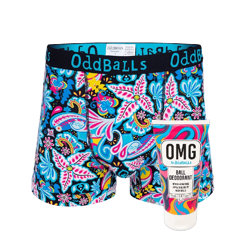 Men's underwear featuring unique fabric blendsBloomers - Mens Boxer Shorts & Ball Deodorant Bundle