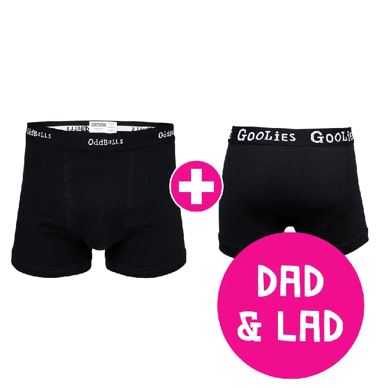 Plus-size underwear with a stretch fabric for flexibilityClassic Black Dad & Lad Bundle - Mens Boxer Shorts & Kids Boxer Shorts Bundle