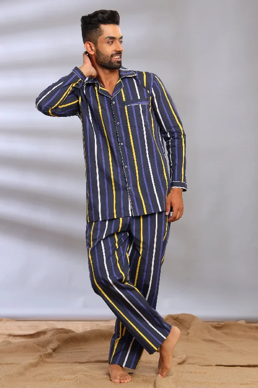 extra-large size men's pajamasBlue and Yellow Stripes Pajama Set for Men