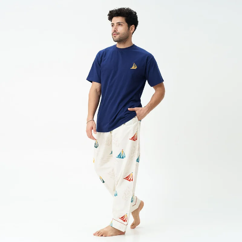 men's pajamas with reinforced stitching for durabilityNautical Drift Embroidered T-shirt & Cotton Pyjama - Men