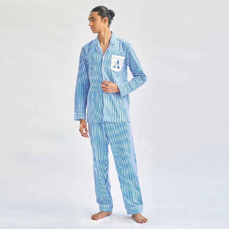 men's pajamas featuring animal printsFloaty Sky Cotton Embroidered Notched Pyjama Set