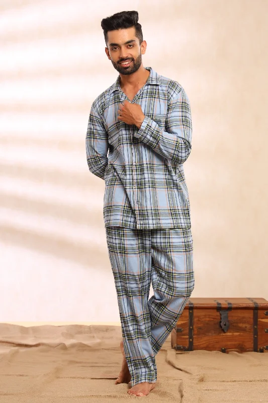 men's pajamas with built-in yoga mat pockets (hypothetical)Light Blue Checks Pajama Set for Men