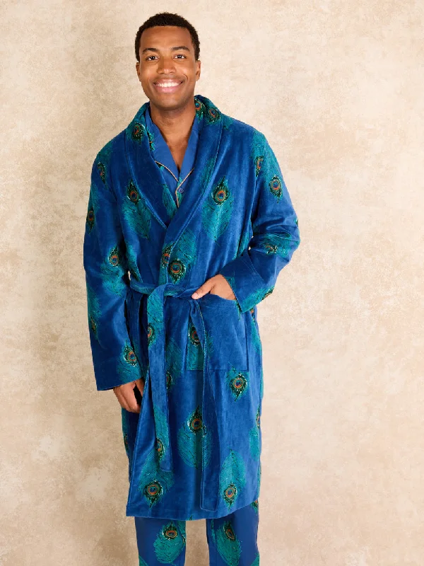 men's pajamas with built-in charging ports for devices (hypothetical)Mens Velvet Robe Navy Peacock Feather