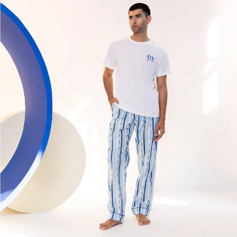 men's pajamas with embroidery detailsMidnight Palms Embroidered T-shirt & Cotton Pyjama - Men