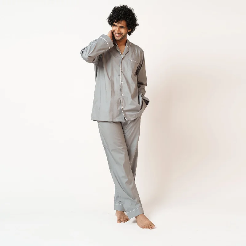 men's pajamas made from bamboo fiberGrey Cotton Notched Pyjama Set