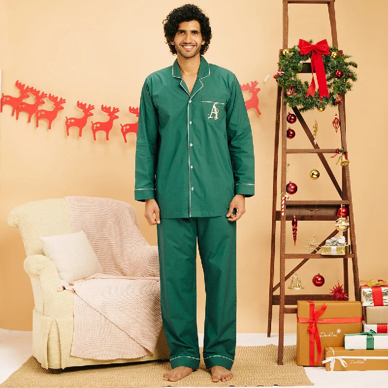 men's pajamas designed for tall individualsPine Embroidered Cotton Notched Pyjama Set - Men