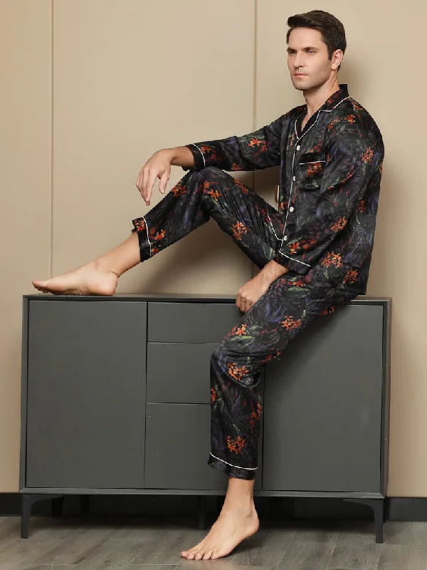 lightweight summer men's pajamasPure Silk Men's Floral Printed Lapel Pajamas