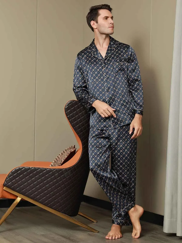 breathable men's silk pajamasPrinted Lapel Men‘s Pure Silk Pajamas