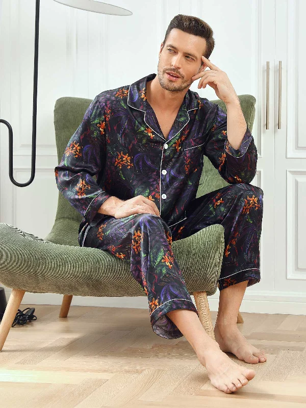 men's pajamas in vibrant, eye-catching colorsPure Silk Floral Printed Lapel Men‘s Pajamas