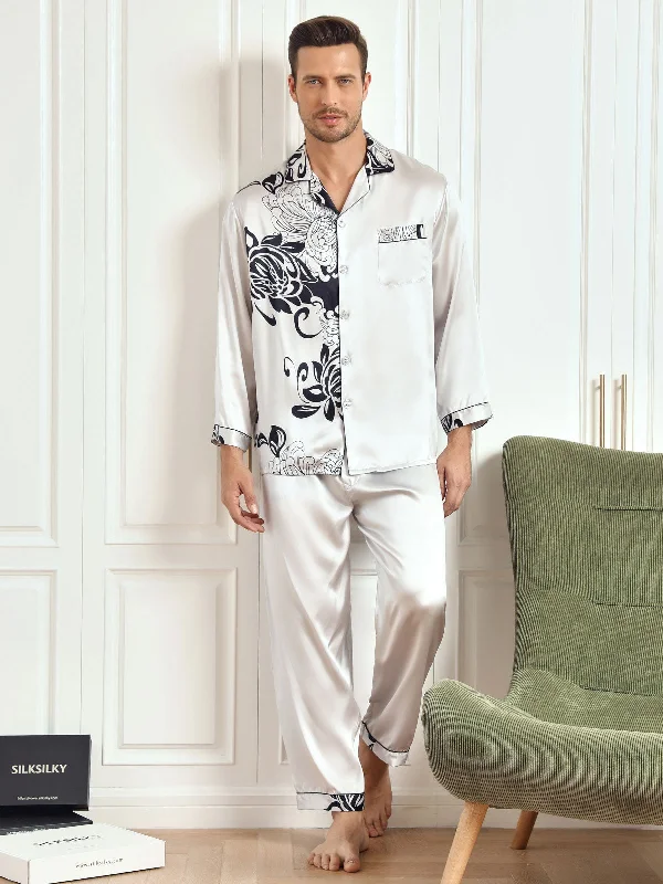 breathable mesh-lined men's pajamas for summerPure Silk Men‘s Floral Printed Lapel Pajama Set