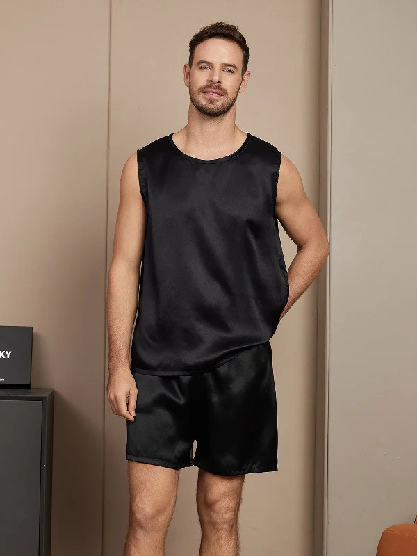 men's pajamas with built-in hoodsPure Silk Sleeveless Men's Pajamas Set