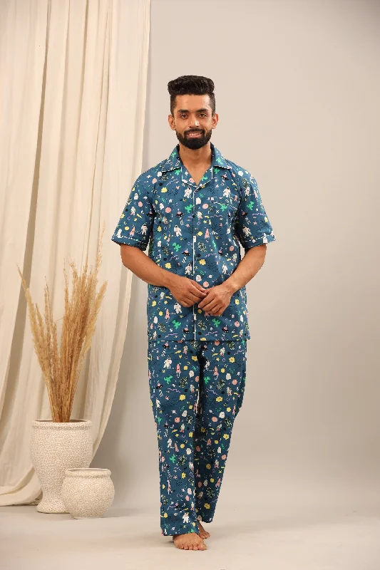 men's pajamas with built-in underarm ventilationSpace Print Pajama Set for Men