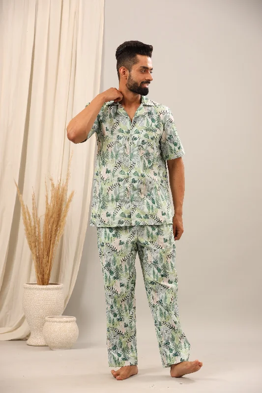 men's pajamas with built-in LED lights for night reading (hypothetical)Tropical Garden Pajama Set for Men